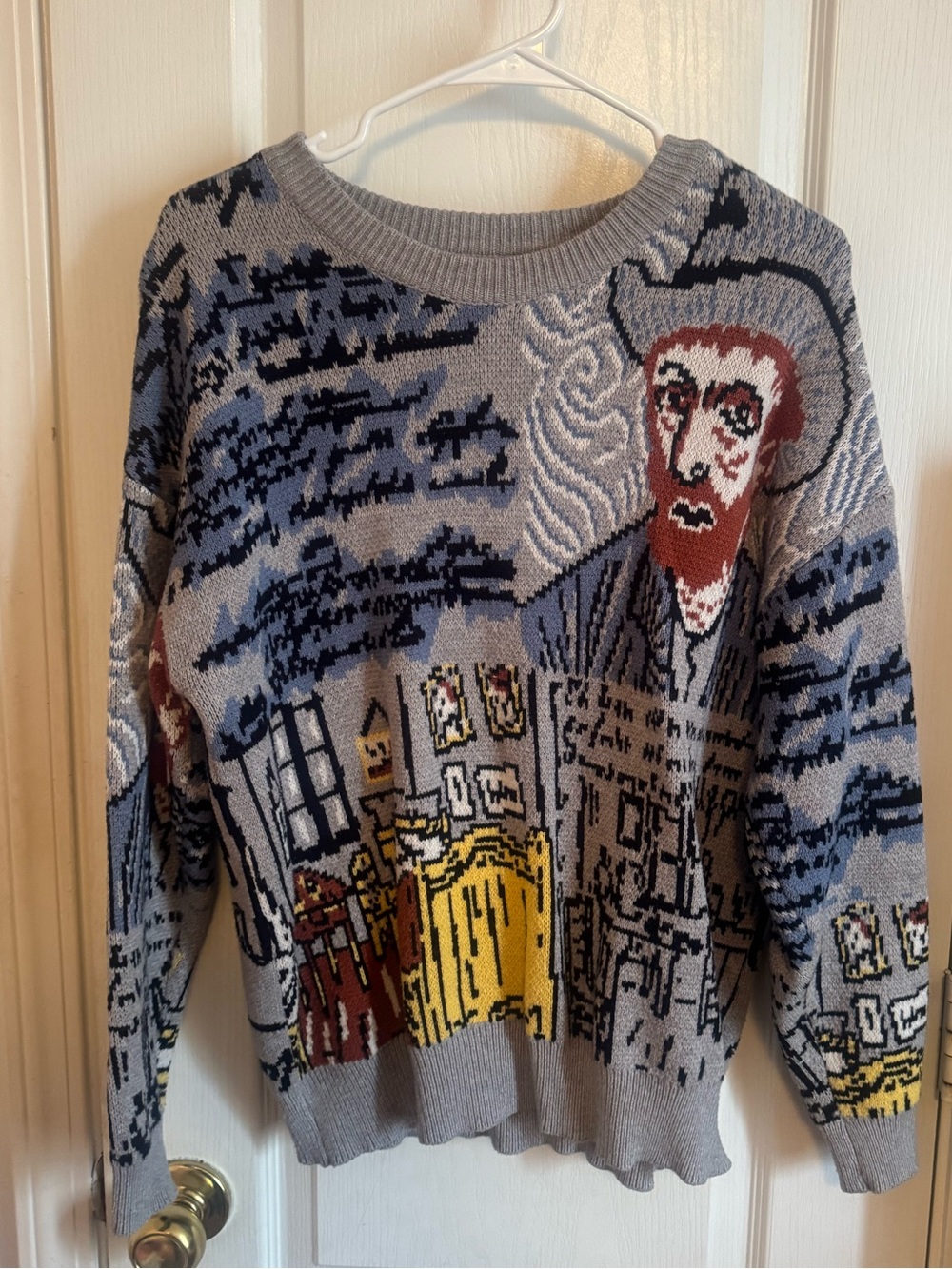 Men's Gray Van Gogh Art-Scene Knit Sweater with Multicolor Graphic